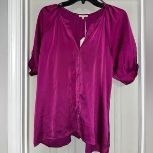 JODIFL Purple Puff Sleeve Blouse with Mandarin Collar